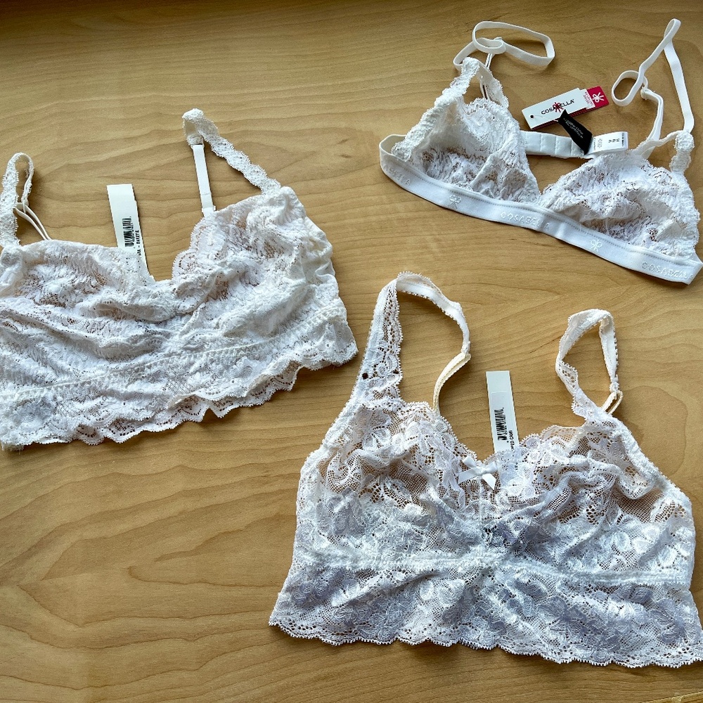 Lot NWT 3 Cosabella White Lacey Bralettes. Sweetie, Cropped Cami, Peek-a-Boo. M.